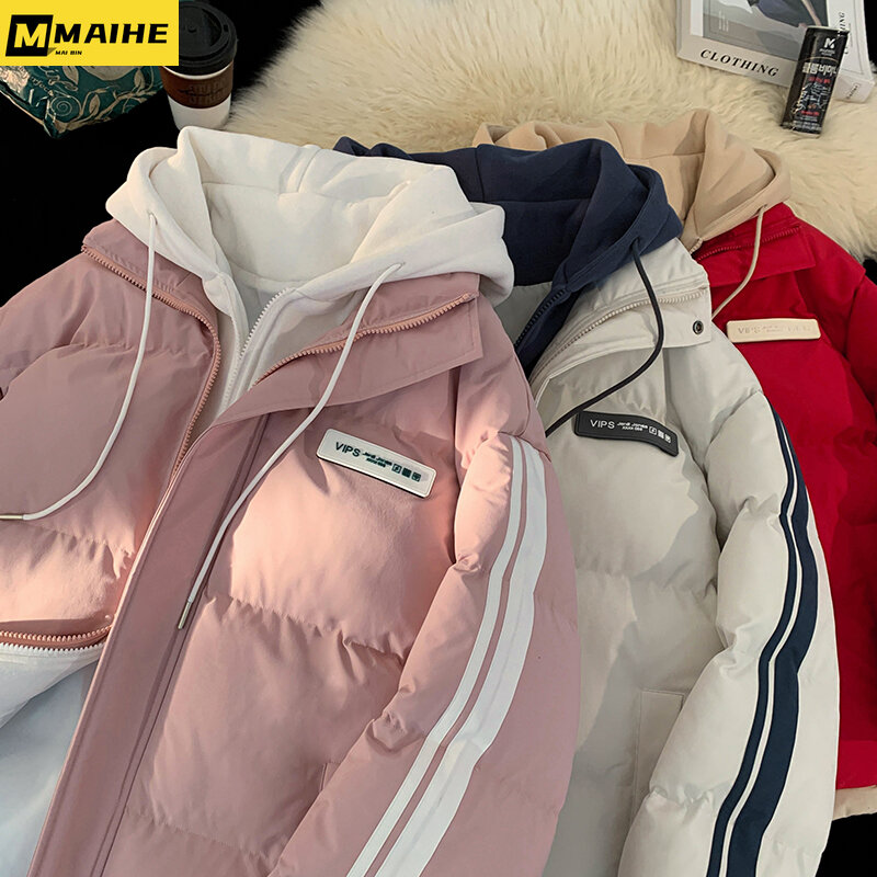 Новинка 2023, зимняя мужская куртка с искусственным капюшоном, ветрозащитная теплая куртка, Мужская и Женская Корейская версия, толстая мужская одежда с подкладкой