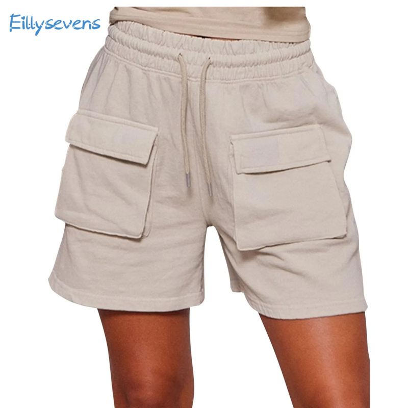 Frauen Sommer neue Shorts lässig einfarbig gerade lose Strands horts mit Taschen tägliche Kleidung passend Street Shorts