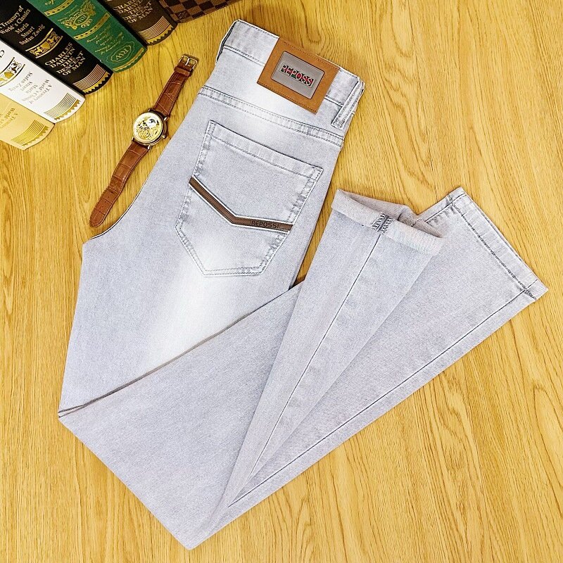 Letnie cienkie lekkie szare jeansy dla Men2024New, oddychające, rozciągliwe dopasowanie dopasowane, wysokiej klasy luksusowe spodnie