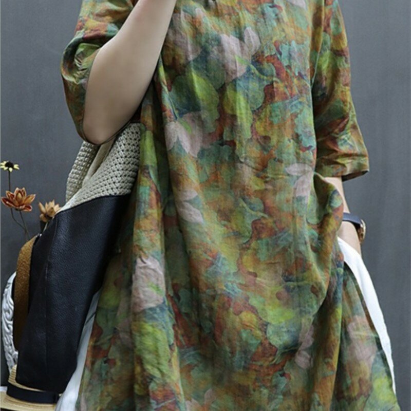 Falda de Camisa de algodón y lino con cuello levantado Retro para mujer, Top estampado de longitud media, estilo étnico informal Suelto