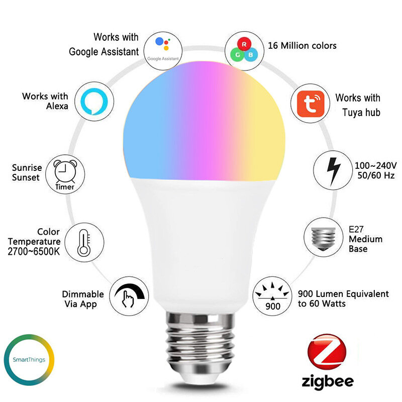 Lonsonho Zigbee 3.0 Smart Led Light Bulb RGBCW E27 E26 B22 E14 E12 GU10 Lamp Lights Tuya Smartlife Smartthings Alexa Google Home