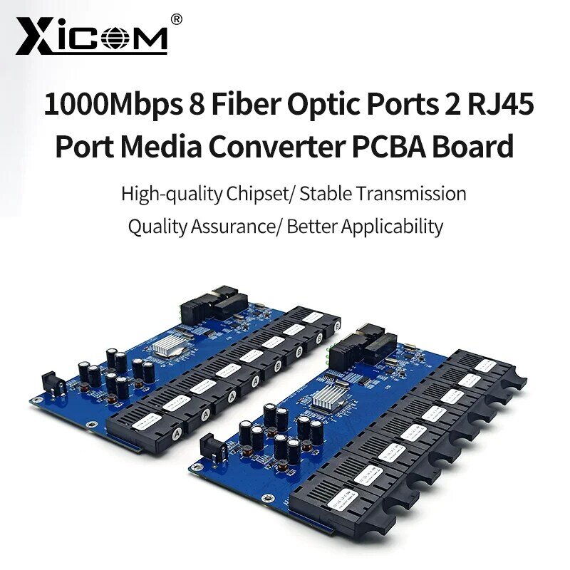 Interruptor de fibra Gigabit Ethernet, Conversor de mídia, Transceptor óptico, 2 RJ45, 20km SC, Modo único, 100 m, 1000m, 8 portas