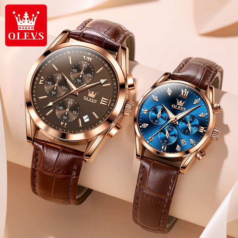 OLEVS 브랜드 럭셔리 크로노그래프 쿼츠 커플 시계, 남녀공용 가죽 스트랩, 방수 야광 달력 패션 시계