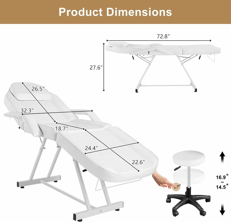 OmySalon-Cadeira de salão de tatuagem com tamborete hidráulico, Cadeira de massagem, Mesa de cama facial de 3 secções, Multiusos, Ajustável