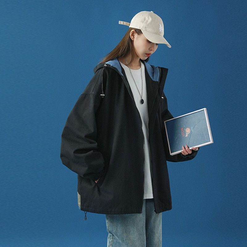 한국 스타일 귀여운 프린트 재킷, 여학생 루즈핏 지퍼, 단색 야구 유니폼 상의