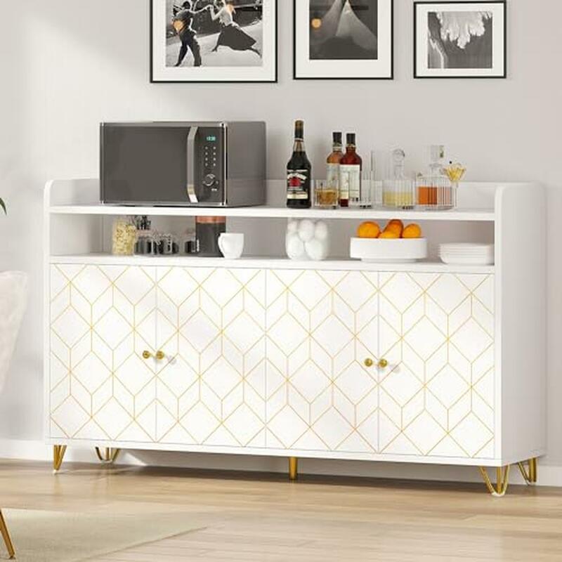 Moderno aparador Buffet Cabinet, Coffee Bar, unidade de armazenamento com prateleiras ajustáveis, guarnição dourada, 300lbs, design elegante, cozinha, jantar