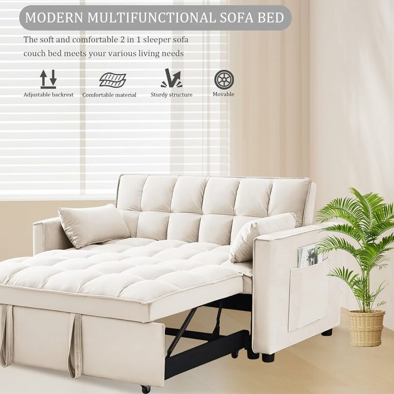 3 in 1 Sleeper Sofa Couch Bed, Convertible Sleeper Sofa with Adjustable Backrest Storage Pockets Toss Pillows for Living Room