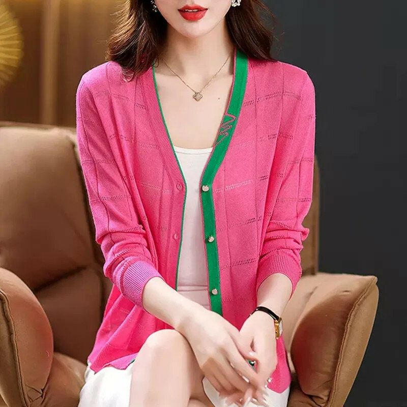 Jaqueta feminina de malha de seda e gelo, cardigã de outono, blusa coreana de malha com protetor solar, moda feminina, nova 2024