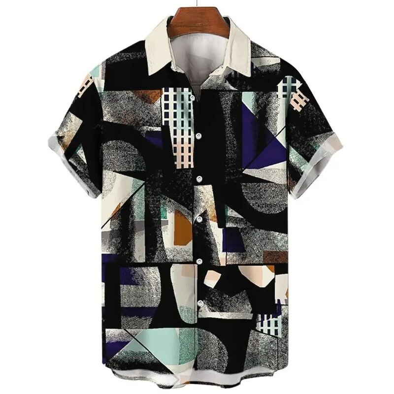 Camisas con estampado 3D de bloques de arte para hombre, blusa Hawaiana de manga corta con botones y solapa, ropa de calle a la moda, Verano