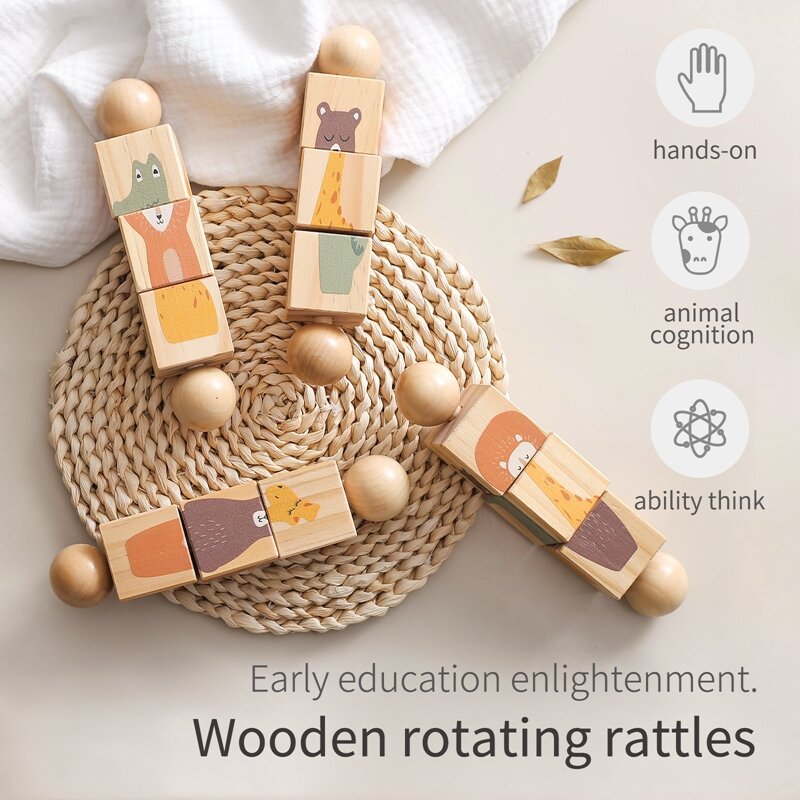 1pc Baby Wooden Rotating Rattle Animal Matching Building Blocks Newborn Soothing Toy Rotating Puzzle Montessori Toys for Babys