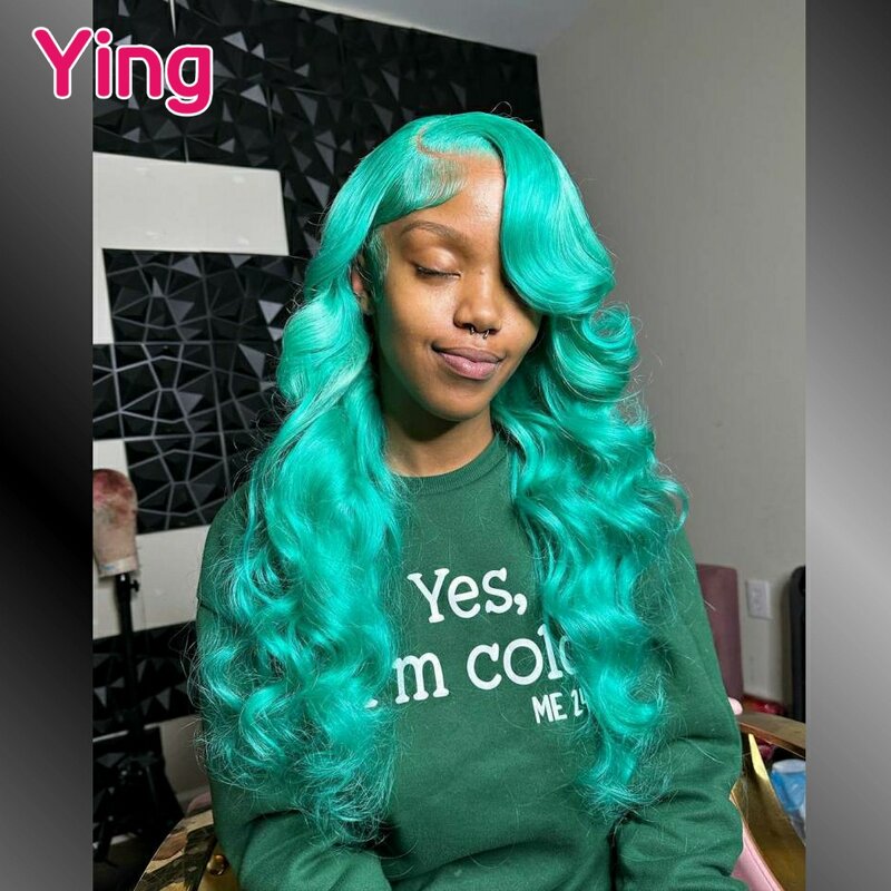 Ying Mint verde colorido peruca de onda do corpo, peruca frontal do laço, pré-arrancado com cabelo de bebê, peruca frontal transparente do laço, 200%, 13x4, 13x6, 34 em
