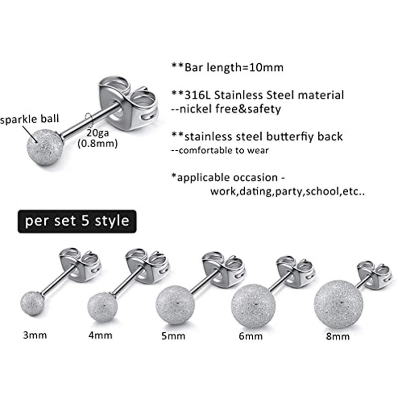 10 pares de prata hypoallergenic bola parafuso prisioneiro brincos conjunto pacote com prata fosco redondo para as meninas femininas brincos sensíveis