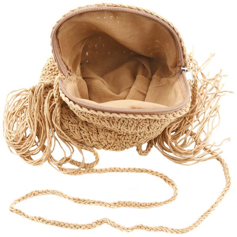 Bolsa de palha redonda artesanal com borla para mulheres, tecido de vime, corda vintage, bolsa de malha, praia feminina de verão