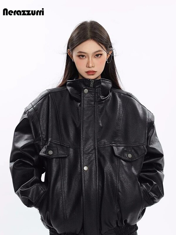 Nerazzurri Spring Autumn Oversized Cool Windproof Thick Black Pu Leather Jacket Women Zip Up Luxury Designer Unisex Clothes 2023