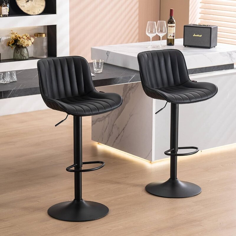 YOUNUOKE Black Upholstered Bar Stools Set of 2 Counter Height Modern Adjustable Swivel Bar Chairs with Backs Mid Century PU