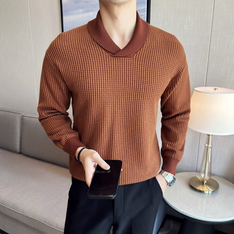 Sweter Pullover rajut kerah buah modis pria dengan desain kotak pakaian merek Korea sweter Slim-fit kasual pria pakaian rajut