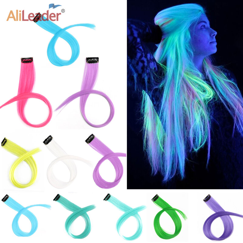 Extensiones de cabello de neón sintético para mujer, postizos de colores brillantes, pinzas de pelo de arcoíris para fiesta, 20 pulgadas