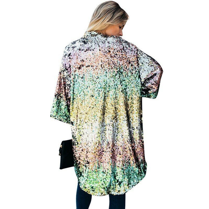Shiny paillettes donna Cardigan giacca a vento giacca lunga Outfit Casual cappotto colorato Street Wear