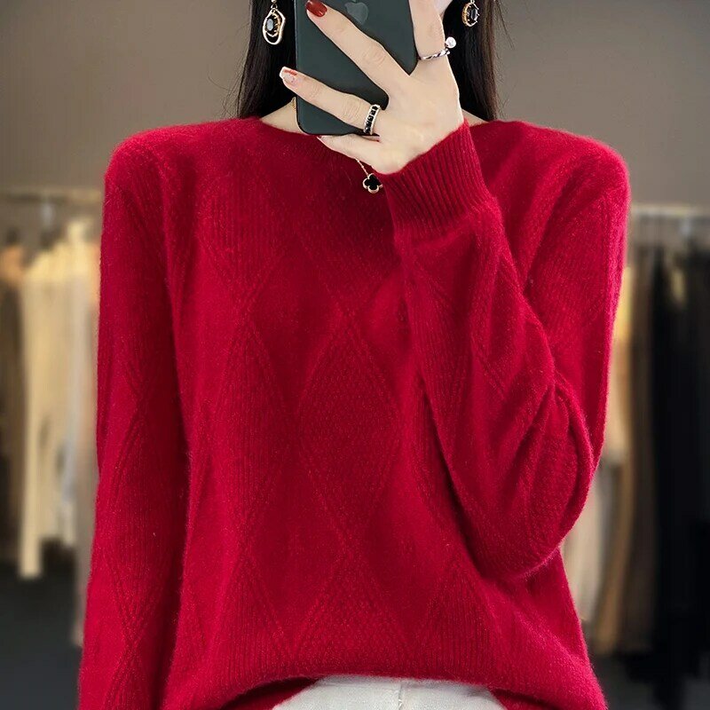 Fall 2023 New Round Neck Wool Knitted Bottom Shirt Diamond Jacquard Long Sleeve Jacket Loose Pullover Sweater