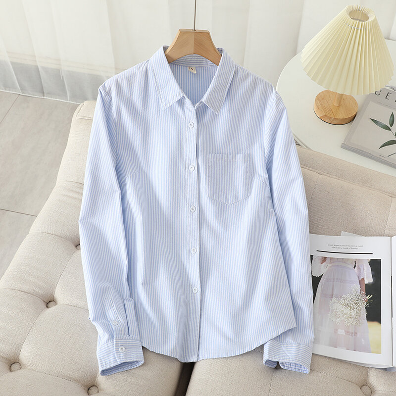 女性のオックスフォードカジュアルコットンシャツ,上質なブラウスとトップス,白と青のストライプのシャツ,衣類2022