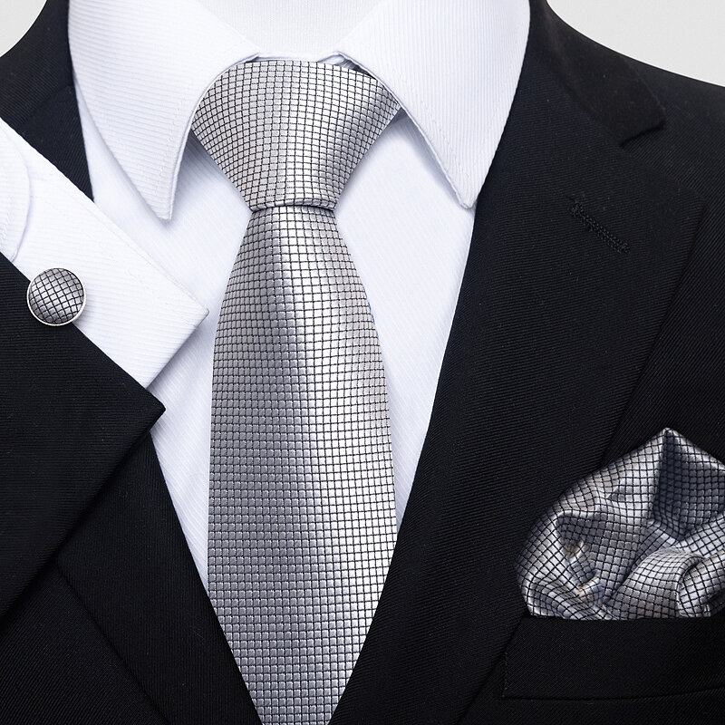 ขายส่งสีผสมชุดผ้าไหมสำหรับผู้ชายเนคไทพ็อกเก็ตสแควร์ Cufflink สีดำ Cravat ชุด Solid Fit