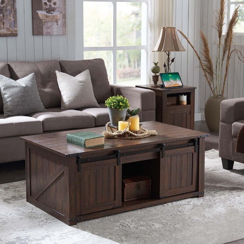 48” Lift Top Coffee Table with Storage & Sliding Groove Barn Door, Wood Cocktail Table w/Double Storage Spaces for Living Room