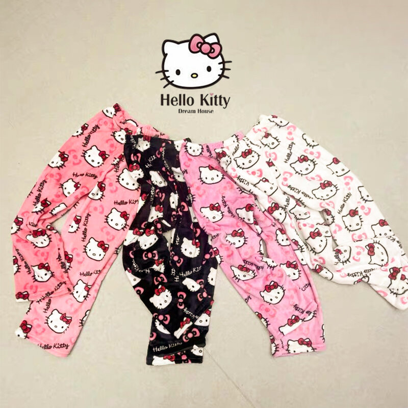 Hello Kitty Sanrio Pijama de flanela Halloween, calça de lã quente, calça casual para desenhos animados, preta, outono, inverno