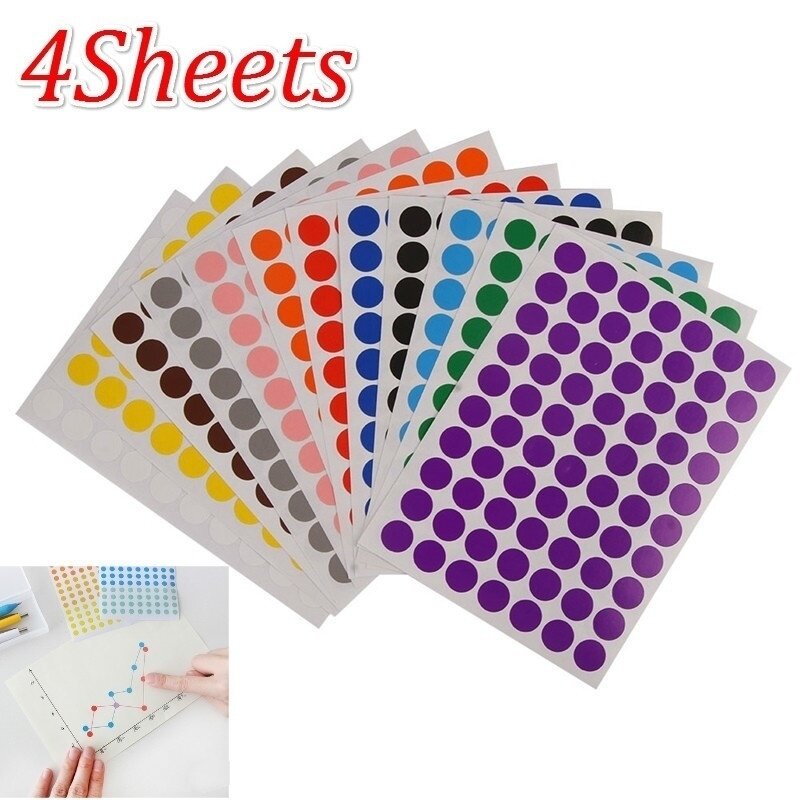 4Sheets 10mm Round Stickers Assorted Colors Colored Sticker Dots Coding Circle Dot Labels Diameter