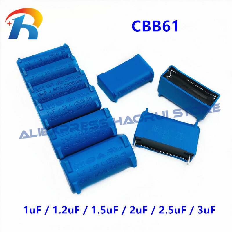 Componente de inicio de condensador de placa base, 10 unids/lote BM CBB61 1uF 1,2 uF 1,5 uF 2uF 2,5 uF 3uF 450VAC, tipo de Pin de ventilador de aire acondicionado