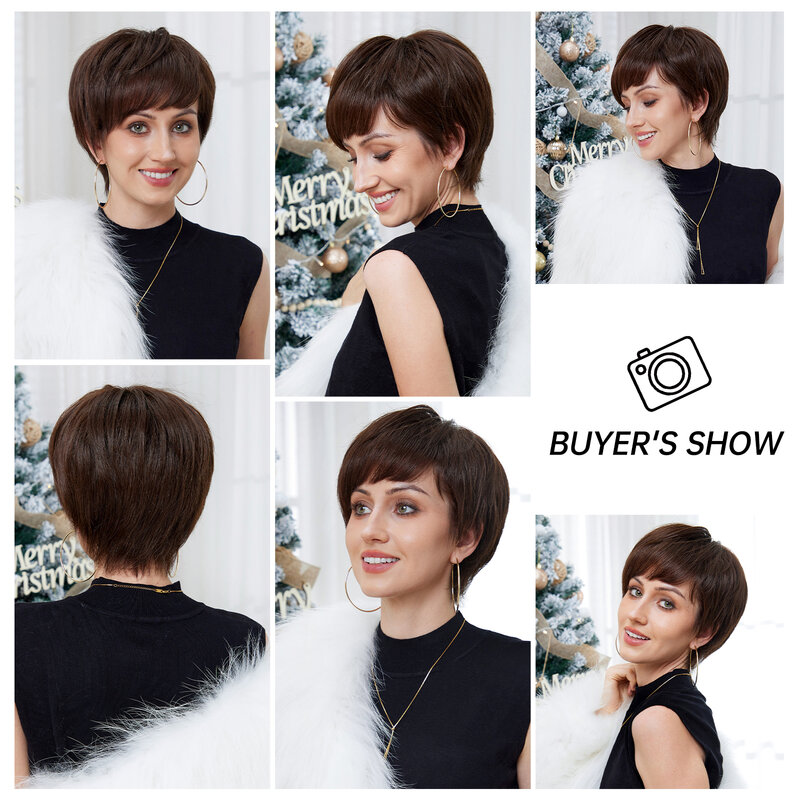 Dark Brown Short Pixie Cut Human Hairs Blend Wigs with Bangs Natural Layered Bob Wigs Human Hair Blend Synthetic Wigs for Women