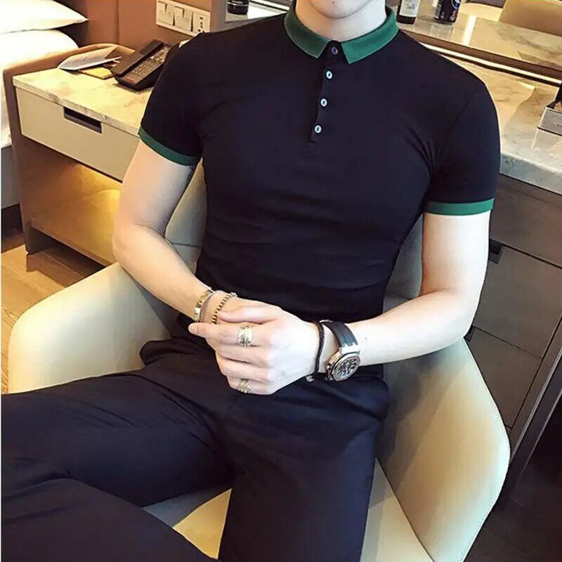 Summer New Turn-down Collar Fashion Short Sleeve Polo Shirts Man High Street Slim Pullovers Button Patchwork Contrast Color Tops
