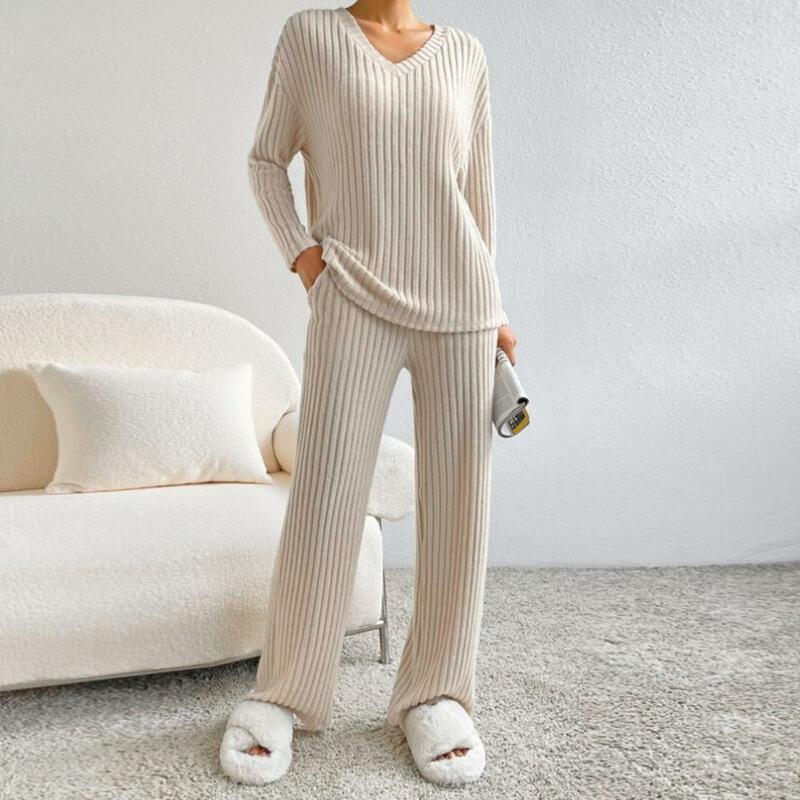 Conjunto de pijama de punto de 2 piezas, traje de suéter y pantalones de hilo con cuello en V, Color sólido, cintura elástica suelta, informal, pierna ancha, Otoño e Invierno