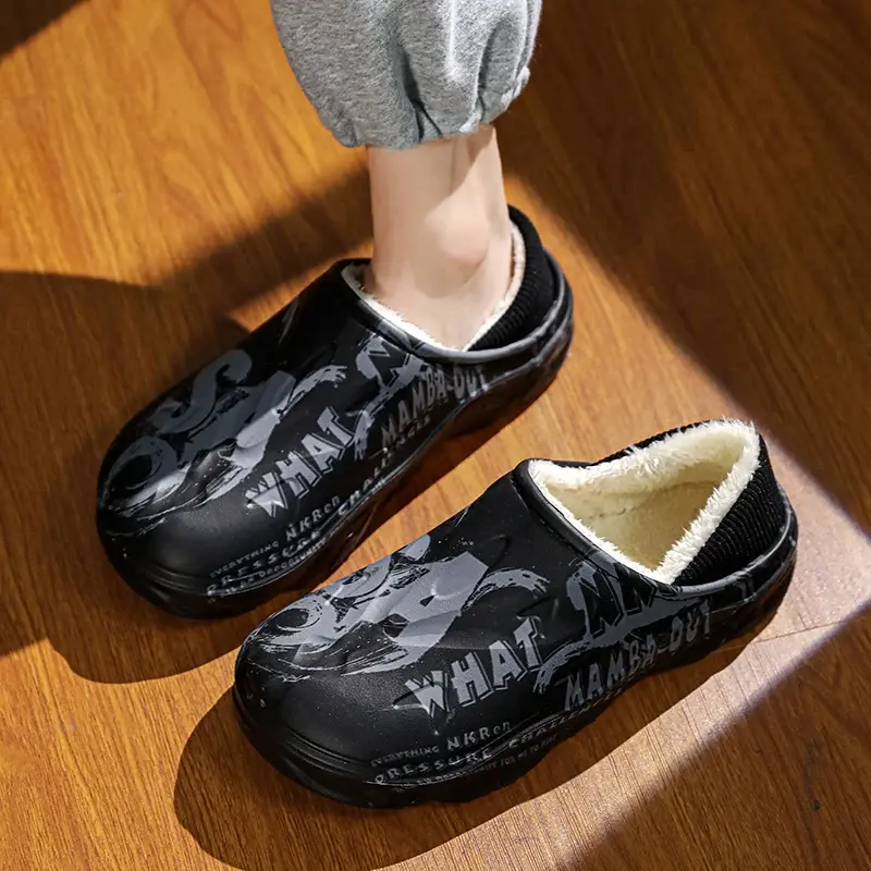Fashion Winter Fur Slippers for Men Warm Indoor Cotton Shoes Waterproof Outdoor Garden Shoes Slip On Clogs Half Slides Sandals