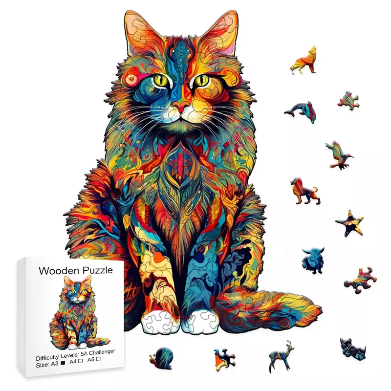 Puzzle kayu kucing berubah warna tidak teratur berbentuk hewan teka-teki kayu kesulitan tinggi mainan Puzzle ulang tahun Natal
