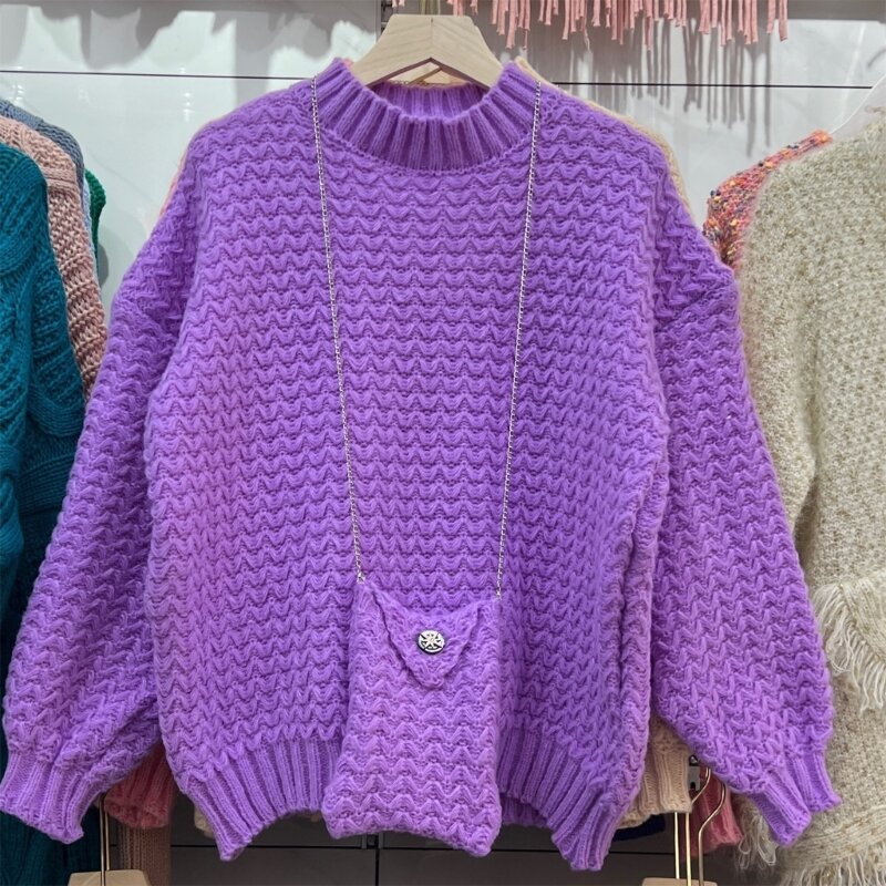 Sweter Rajut Leher Kru Lengan Panjang Musim Gugur Wanita Atasan Pullover Longgar Warna Polos Dropship