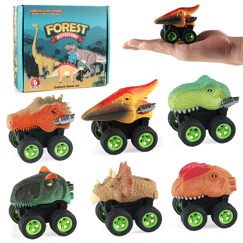 Juguete de dinosaurio de 1/4 piezas para niños y niñas, Prop Tyrannosaurus Rex Mini Monster Truck, interactivo después de tirar del coche, neumático grande