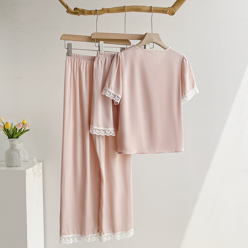 Słodka koronkowa piżama w jednolitym kolorze Damska satynowa bielizna nocna Letnia odzież domowa z krótkim rękawem Trzyczęściowy zestaw Różowa luźna bielizna nocna