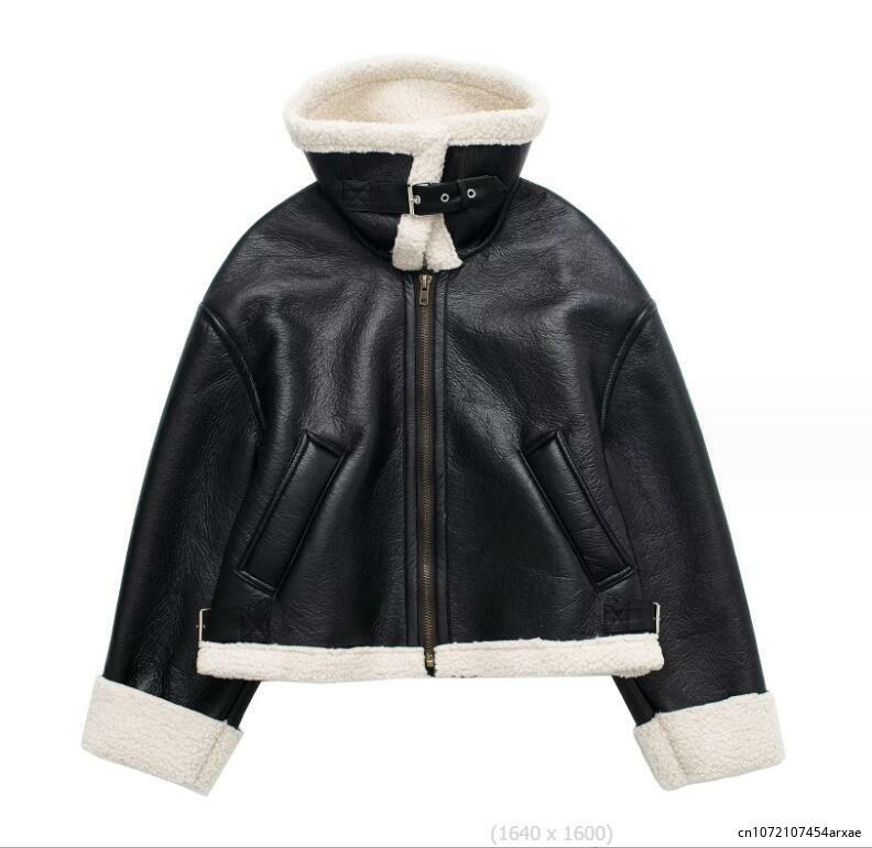 Jaket kulit pendek bahan kulit PU untuk wanita, jaket Parka musim dingin bahan kulit PU longgar, jaket BF ramping tebal hangat, jaket bantalan katun untuk wanita