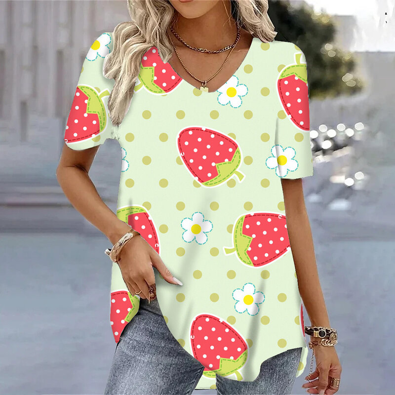 Trend ige 3d Erdbeer gedruckt Sommer V-Ausschnitt Kurzarm lässig lose T-Shirts Harajuku Frauen T-Shirts übergroße Bluse T-Shirts Tops