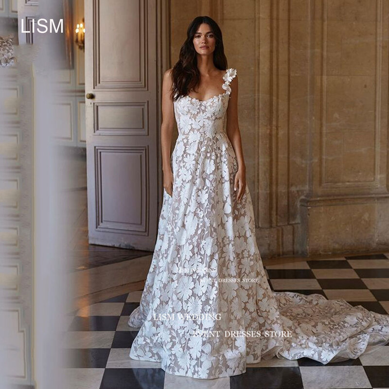 LISM-فساتين زفاف كاملة من الدانتيل ، فستان عروس أنيق ، بدون أكمام ، بدون ظهر ، مشد زهور ، حزام عريض ، رائع