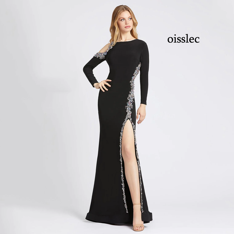 Oisslec-ビーズ付きのイブニングドレス,地面の長さ,ニット,カスタマイズ,透かし彫り,境界線,セレブのパーティー