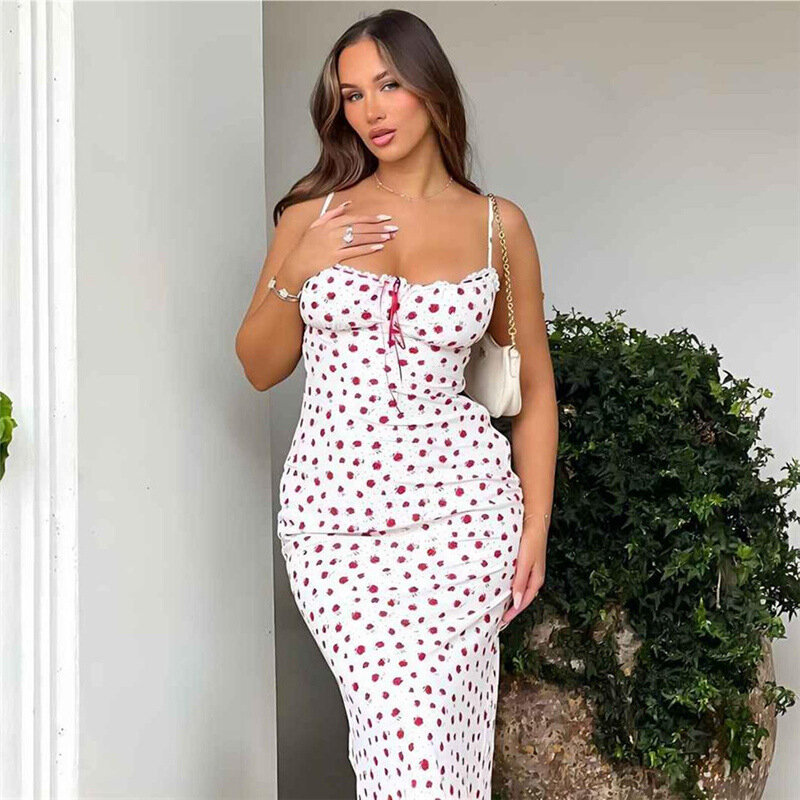 Red Floral Women's Prom Dress Strap Sleeveless Summer Long Party Gown White Lace Casual Daily Beach Holiday Skirt Robes