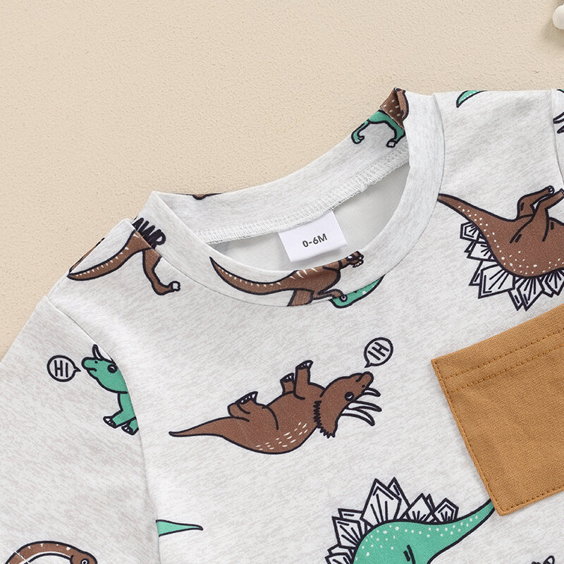 2024-04-09 lioraitiin Baby Boys Summer Outfits Dinosaur Print Short Sleeves T-Shirt and Elastic Shorts Set Vacation Clothes Set