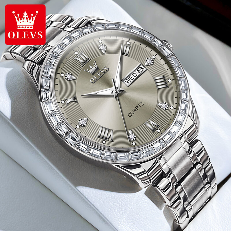 OLEVS Luxury Diamond Design Quartz Watch Men Stainless Steel Waterproof Luminous Week Date Fashion Men Watches Relogio Masculino