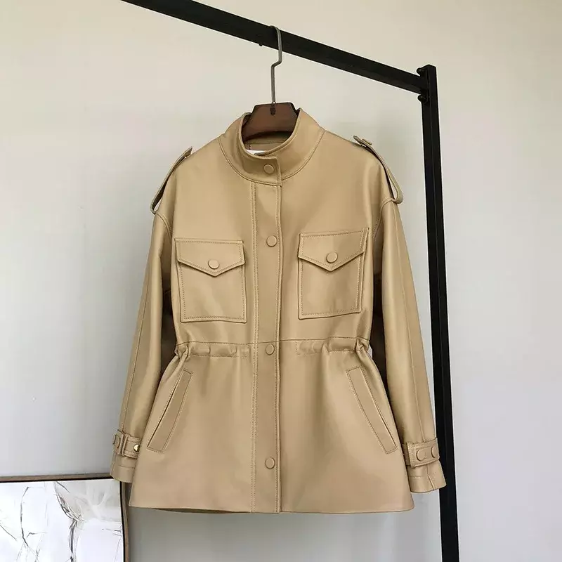 Women Mid Length Waist Collection Genuine Leather Jacket Sheep Leather Windbreaker Jacket