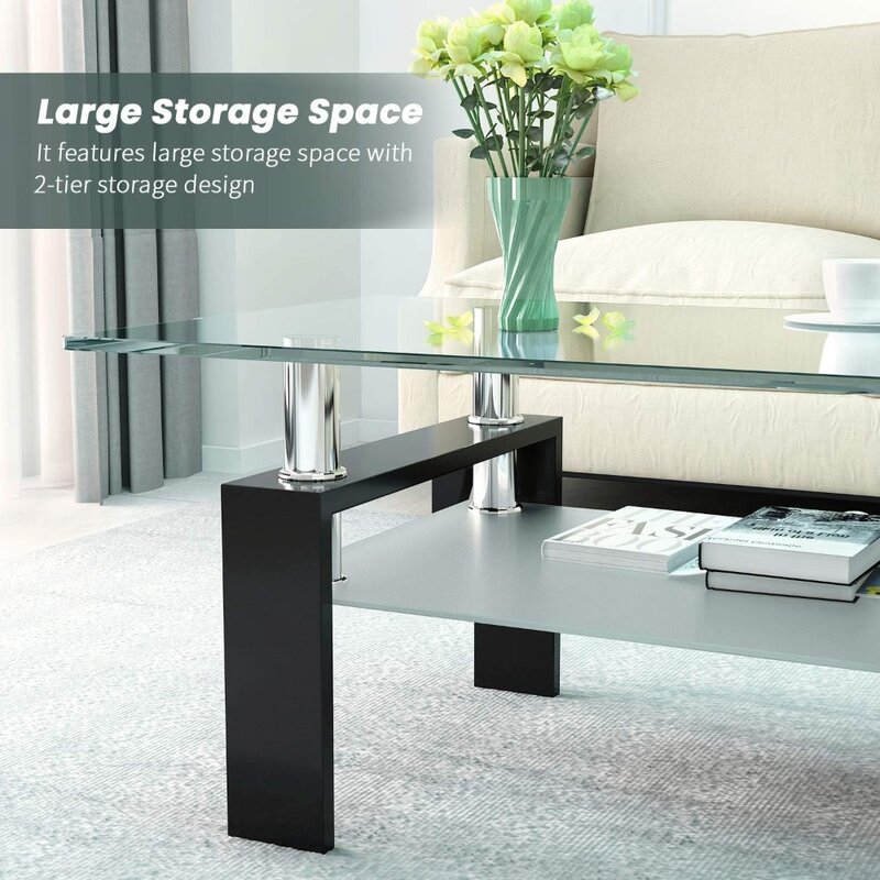 Rectangle Glass Coffee Table-Modern Center Side Coffee Table with Lower Shelf Black Metal Legs-Suit for Living Room (Black)