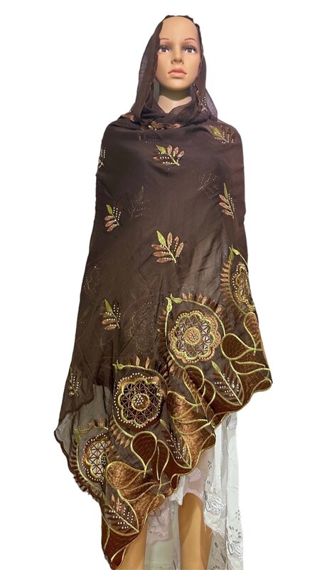 Zum Verkauf afrikanische Mode muslimischen Schal Turban Frauen mittelgroße Pailletten Stickerei Chiffon islamische Hijab Stickerei Ramadan Dubai