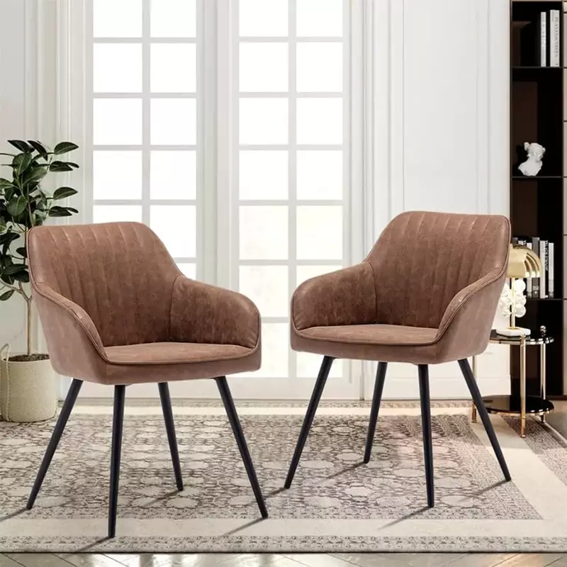 Chair Set of 2 Modern Armchairs, Brown Artificial Leather Suitable for Living Room, Dining Room, with Metal Legs, Guest Chair