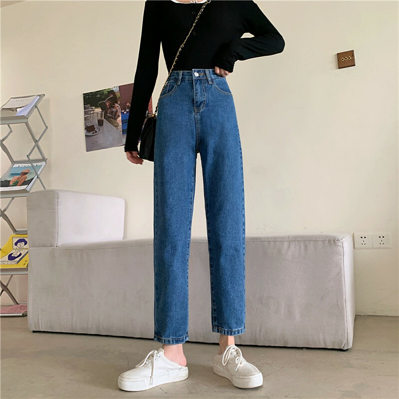 Calças jeans de perna reta feminina, jeans de cintura alta, fundo feminino, streetwear vintage, azul e preto, roupas clássicas da moda, 2024