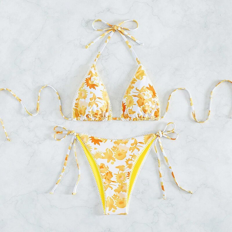 Bikini estampado con cordones para mujer, traje de baño con abertura, 2024